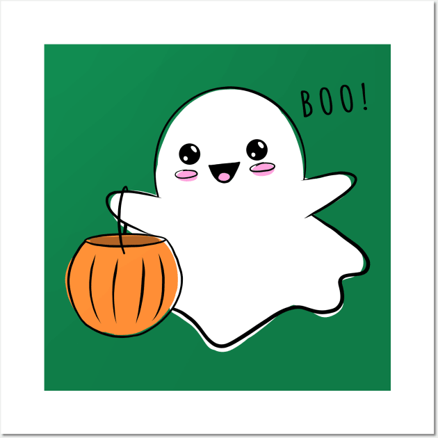 Cute Ghost Trick Or Treating Wall Art by superdupertees